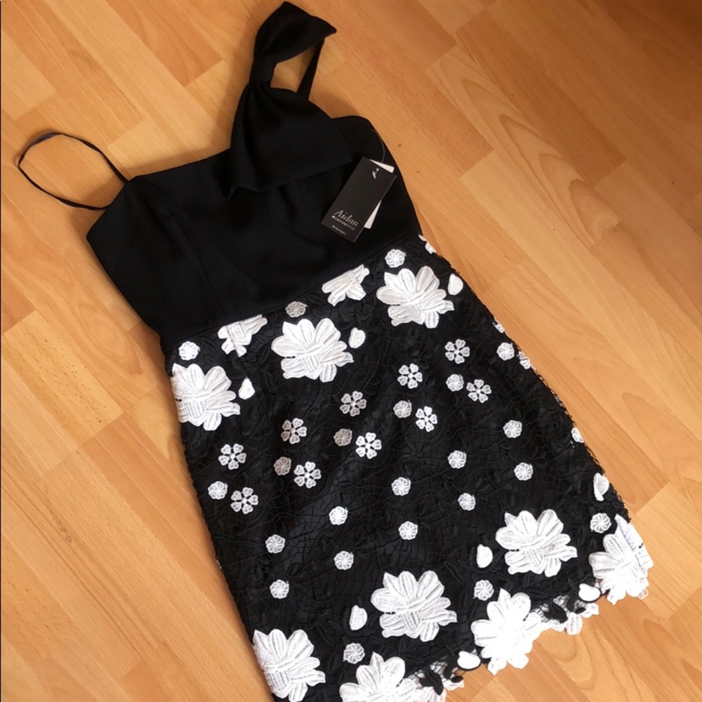 Black and white one shoulder bow dress